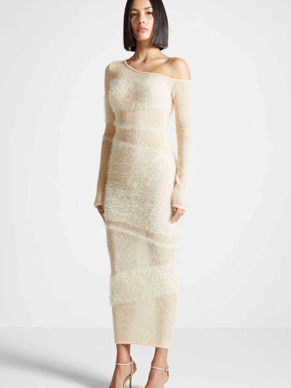 Manière De Voir Cream One-Shoulder Sheer Maxi Dress